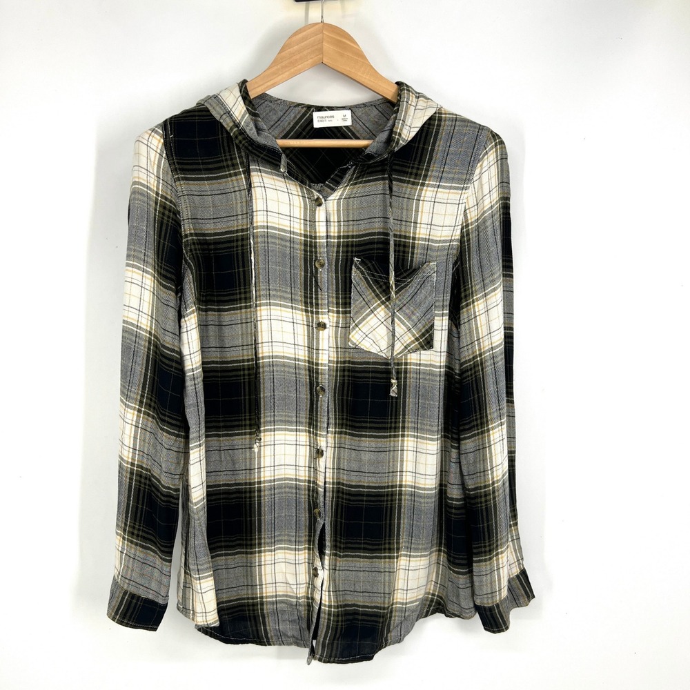 Maurices Womens Relaxed Fit Plaid Hooded Tunic Shirt Olive Green Medium